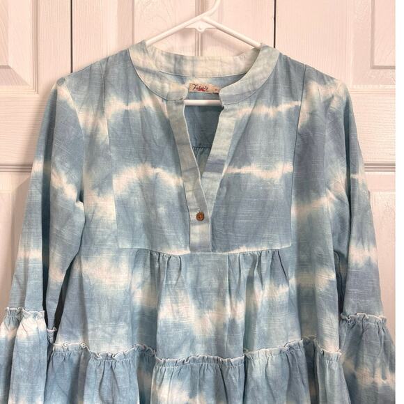 Faherty Faded Blue Vida Shibori Tie Dye Tiered Organic Cotton Dress XS - Picture 4 of 9